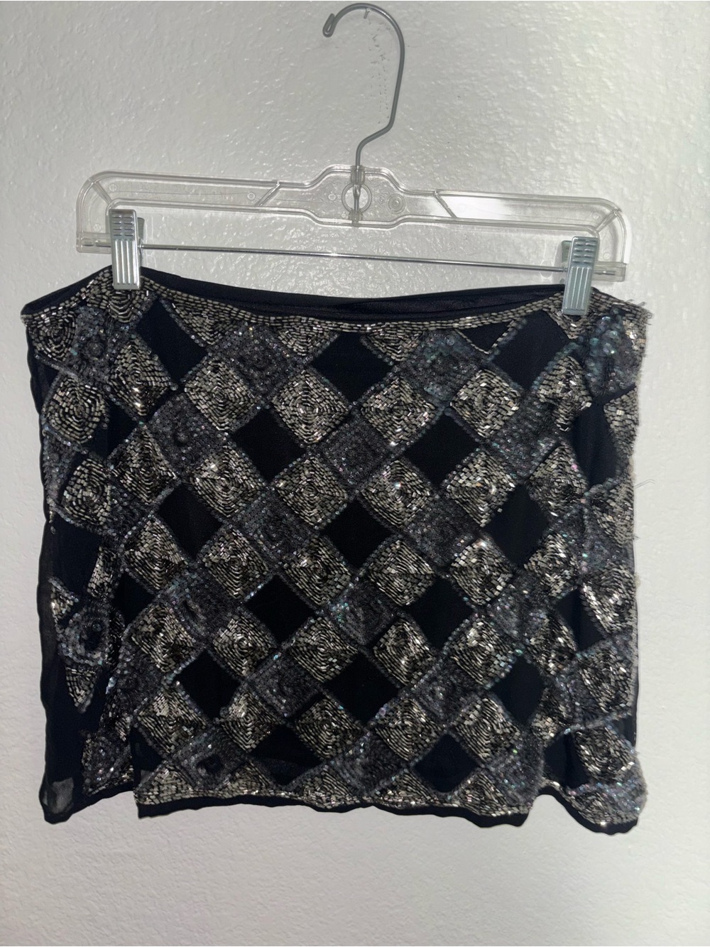 Black Sequin Beaded Diamond-Pattern Mini Skirt- Silk Lining